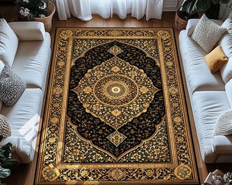 Black Gold Digital Print Rug with Ornate Floral Border