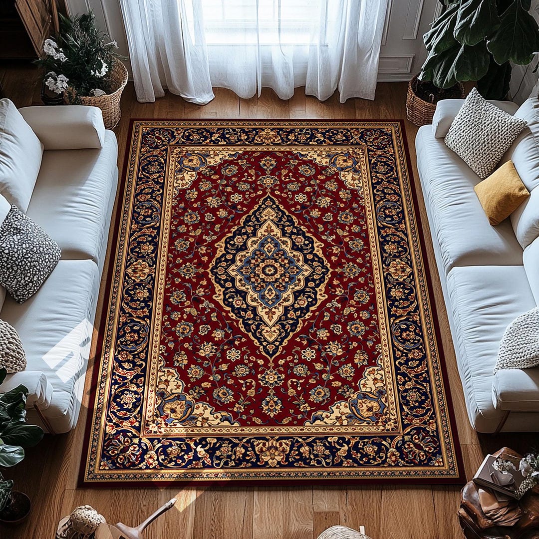 Red Blue Persian Area Rug Traditional Oriental Digital Print - Etsy
