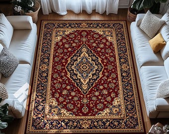 Red Navy Cream Digital Print Rug with Ornate Floral Border