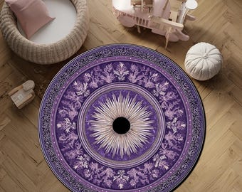 Lila Mandala runder Teppich - weicher rutschfester waschbarer Teppich mit floralem 3D-Druck