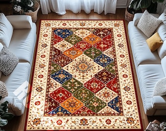 Red Cream Patchwork Digital Print Rug with Ornate Floral Border