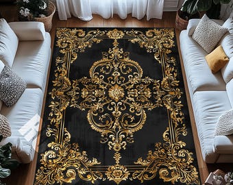 Barock-Goldmuster-Teppich Schwarzer Eleganter Verzierter Viktorianischer Stil Statement Teppich