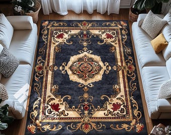 Marineblau Orientalischer Medaillon Teppich Klassischer Gold Roter Muster Wohnzimmer Teppich