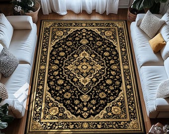 Black Gold Digital Print Rug with Ornate Floral Border