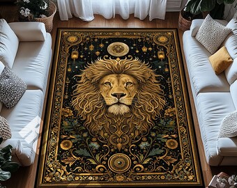 Mystical Lion Area Rug Celestial Black Gold Digital Print