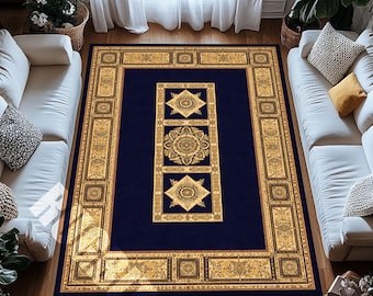 Navy Blue Gold Oriental Area Rug Luxury Digital Print