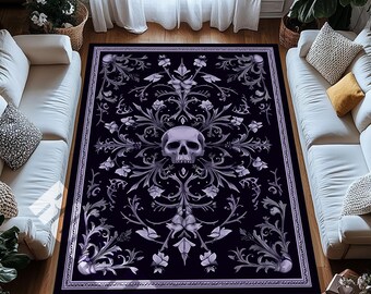 Gothic Skull Area Rug – Purple Floral Baroque Carpet with Anti-Slip and Washable Surface