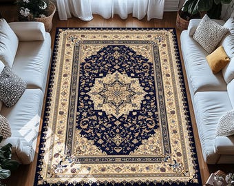 Navy Cream Digital Print Rug with Ornate Floral Border