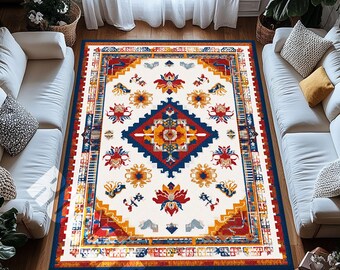 Boho Tribal Area Rug – Colorful Washable Carpet with Red Blue Geometric Design