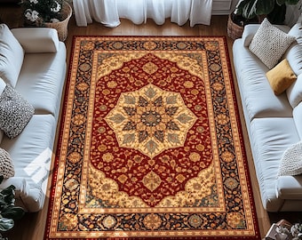 Red Cream Digital Print Rug with Navy Ornate Floral Border