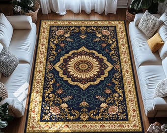 Blue Floral Medallion Digital Print Rug Vintage Elegant Decor