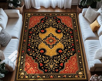 Black Red Gothic Area Rug Skull Floral Digital Print Decor
