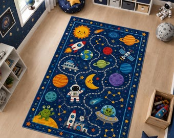 Space Kids Rug, Solar System Playroom Area Rug with Planets, Rocket and Astronaut