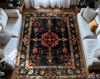 Digitaldruck Oriental Medaillon Teppich Navy Rot Vintage Muster Wohnzimmer Teppich
