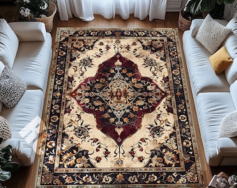 Digitaldruck Persischer Medaillon Teppich Burgund Creme Vintage Stil Wohnzimmer Teppich