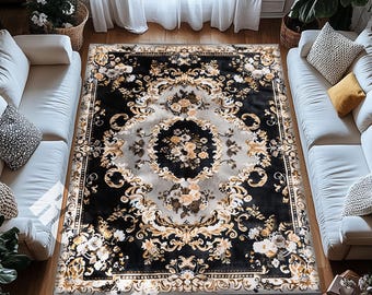 Vintage Baroque Floral Rug, Digital Print Carpet, Black Gold Living Room Decor