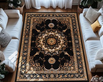 Luxus Schwarz Persischer Stil Teppich Verzierter Goldmedaillon Vintage Königlicher Teppich
