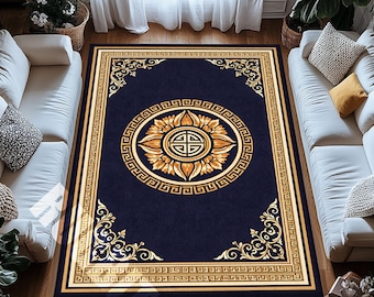 Navy Blue Gold Greek Key Area Rug Luxury Digital Print