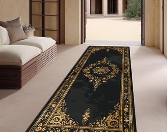 Teppichläufer Schwarz Gold Digitaldruck Luxus Vintage Flur Teppich
