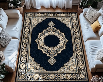 Navy Cream Gold Area Rug with Ornate Floral Border