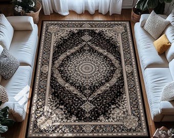 Black Cream Digital Print Rug with Ornate Floral Diamond Pattern