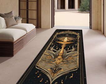 Gothic Candle Runner Rug – Long Hallway Rug with Mystical Gold Flame and Musical Design