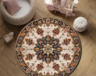 Digitaldruck Boho Medaillon Runder Teppich Vintage Floral Tribal Creme Teppich