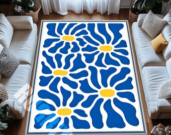 Modern Blue Daisy Rug – Bold Floral Area Carpet for Playful Living Room Decor