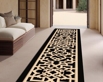 Black Beige Geometric Runner Rug – Washable Hallway Carpet with Islamic Moorish Pattern
