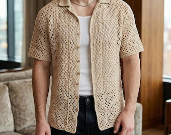 Patroon gehaakt overhemd heren button-up zomerpatroon mesh top | Amalfi-gehaakt overhemd met kraag