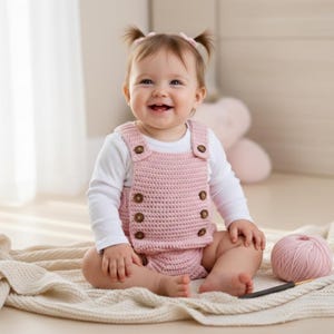 Puede incluir: Un bebé con un conjunto rosa de crochet con botones de madera sobre una camiseta blanca de manga larga. El bebé está sentado sobre una manta color crema, con una madeja de hilo rosa y un ganchillo cerca.