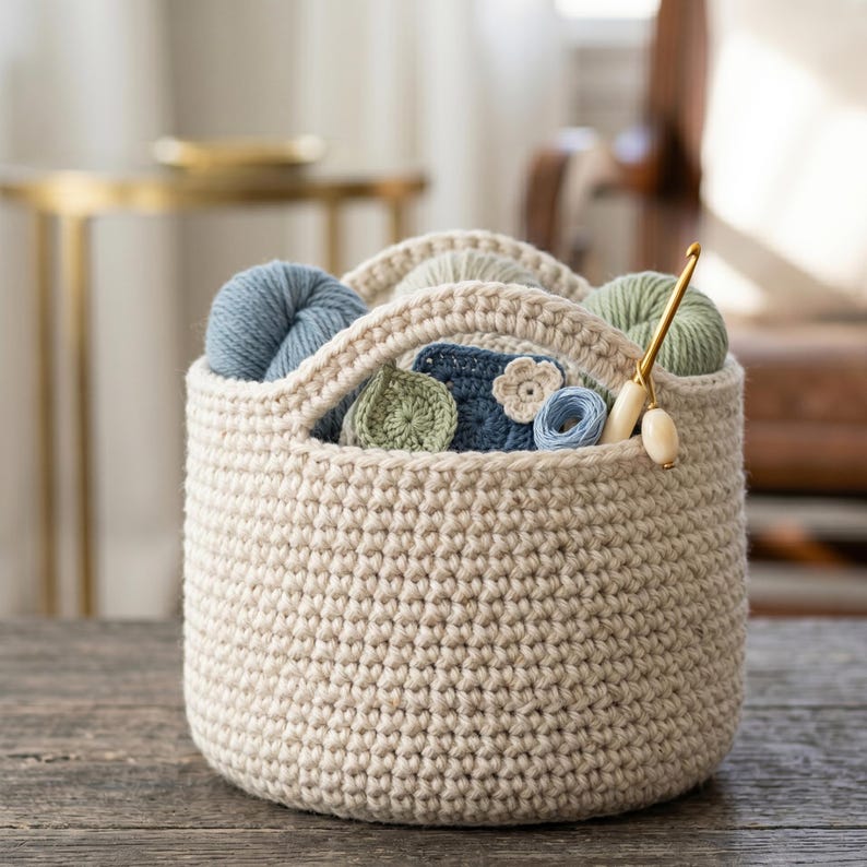 May include: A beige crochet basket with a handle, filled with yarn balls in shades of blue, green, and beige. Crochet hooks and small crochet projects are also visible. The basket is sitting on a wooden surface.