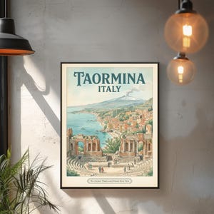 Taormina Art Print,Taormina Travel Poster,Vintage Travel poster sicily,Taormina wall art,vintage sicily illustration,Digital Download