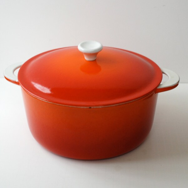 Vintage Descoware Dutch Oven - Enamel Lidded 5 Quart - Red-Orange Pot with Handles