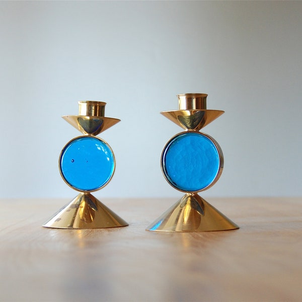 RESERVED-- Vintage Swedish Modern Glass & Brass Candlesticks - Gunner Ander for Ystadd