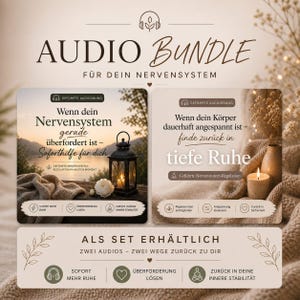 May include: An audio bundle advertisement with the text "AUDIO BUNDLE" and "FÜR DEIN NERVENSYSTEM". The image features two cards with text in German, a lit candle, a lantern, and decorative elements. The cards describe audio exercises for relaxation.