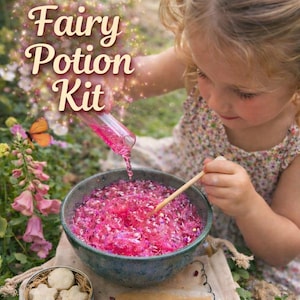 May include: A child is shown mixing a pink potion in a teal bowl. The image features a "Fairy Potion Kit" with the words "Mix, Fizz, Magic". The kit includes a small container of star-shaped items and a packet labeled "Potion".