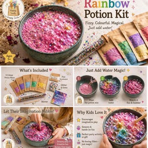 Puede incluir: Un kit de pociones arcoíris con mezclas de pociones coloridas, purpurina y un agitador. El kit incluye una tarjeta de hechizos y instrucciones para agregar agua para una experiencia efervescente, colorida y mágica. Para niños de 5 años en adelante.