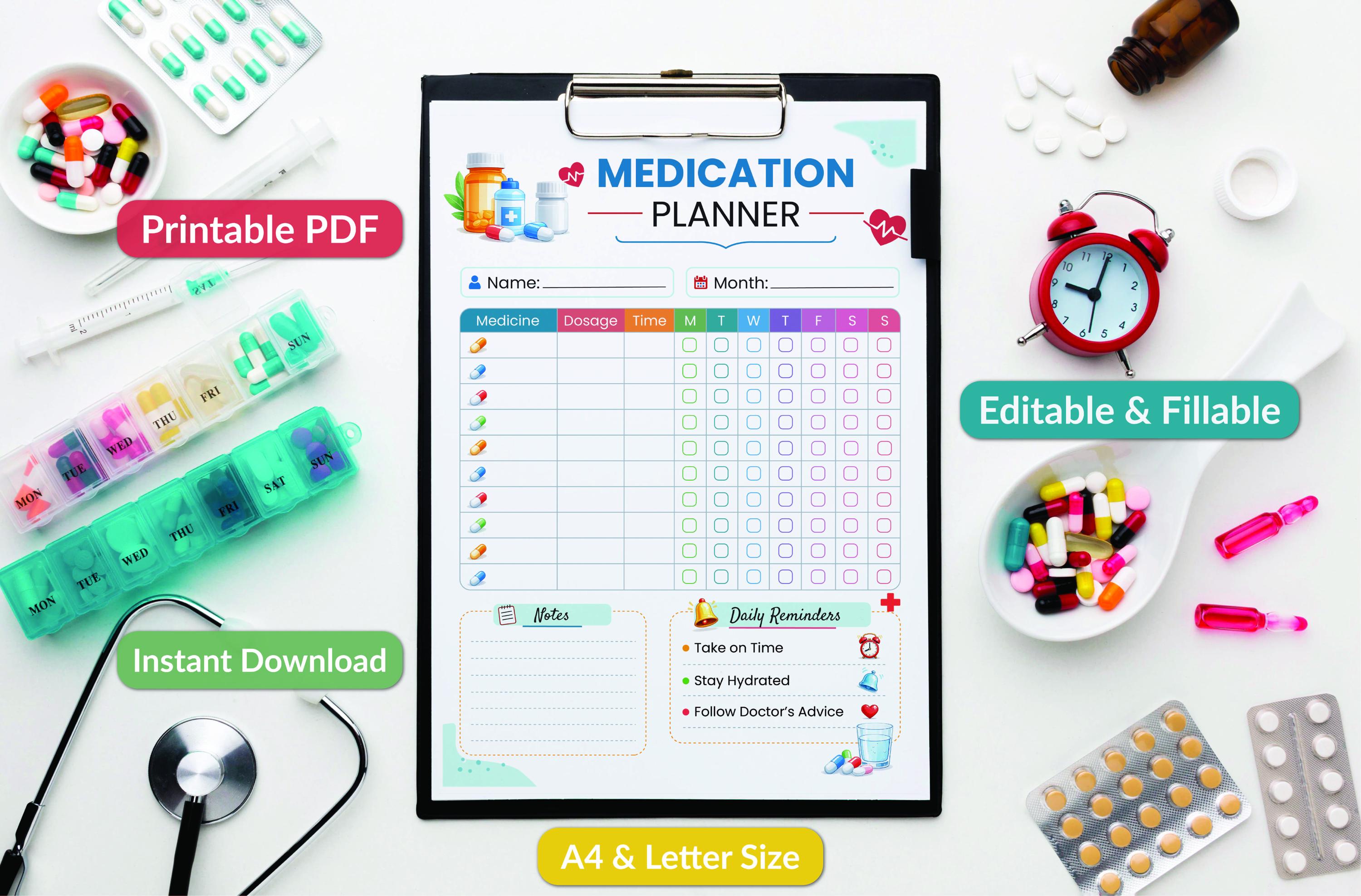 Medication Planner Printable, Weekly Medicine Tracker, Daily Pill Log