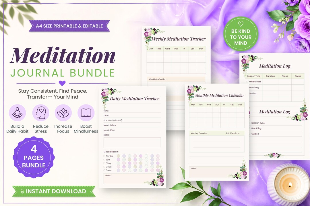 Meditation Tracker Printable Bundle | Editable Daily Weekly Monthly Log | Mindfulness Journal ...