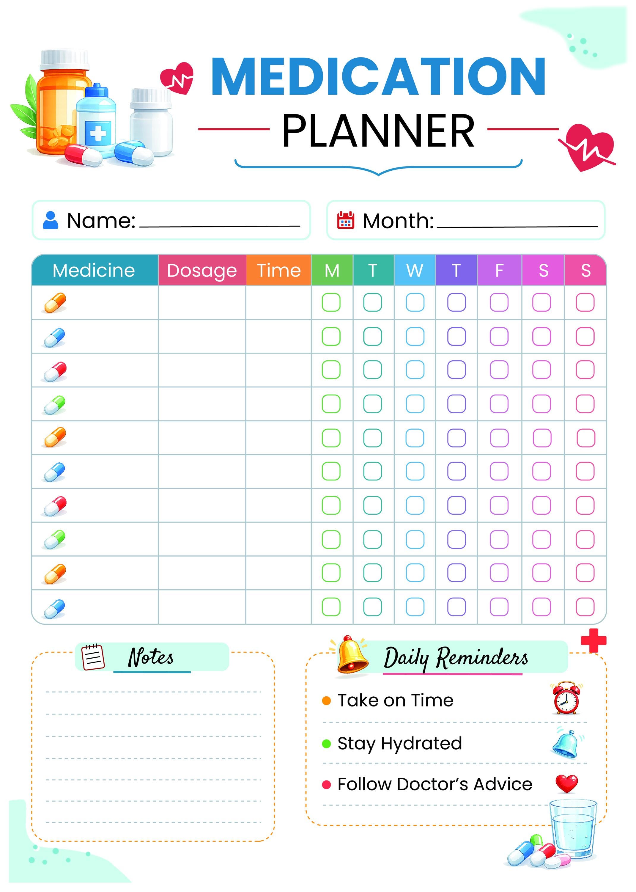Medication Planner Printable, Weekly Medicine Tracker, Daily Pill Log (Editable PDF, A4 US Letter)
