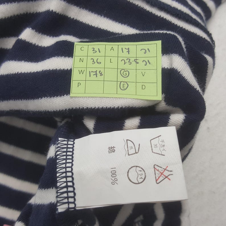 May include: Close-up of a navy blue and white striped fabric. A green tag with measurements and symbols is attached. A white tag with washing instructions is also visible. The fabric is 100% cotton.