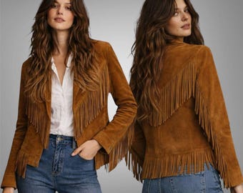 Bruin suède leren jack met franje dames westernkleding - traditionele vintage stijl cowgirl jas met franjes - cadeau voor haar