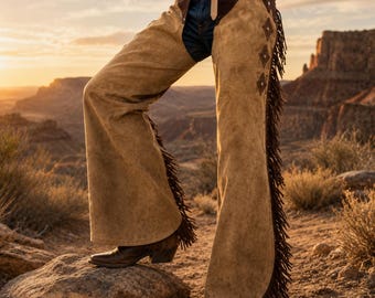 Women’s Suede Leather Chaps - Western Cowgirl Fringe Chaps - Ladies Rodeo Pants - Vintage Cowboy Style Leather Chap