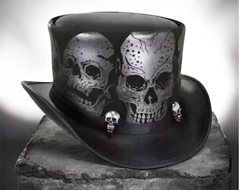 Cappello a cilindro in pelle El Dorado - Cappello a cilindro steampunk gotico fatto a mano con teschio e fascia - Regalo