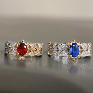 Anillos de oro de 14 quilates únicos de estilo vintage, bicolor, con piedras preciosas, rubí y zafiro de laboratorio, regalo para ella.