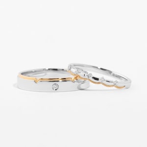 10K Gold Two-Tone Interlocking Couple Rings | His & Hers Matching Wedding Bands | Diamond Accent Promise Rings