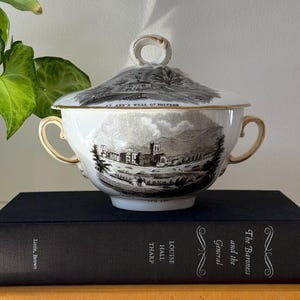 May include: A white and gold porcelain lidded serving bowl with a black and white landscape scene. The bowl has two gold handles and a loop handle on the lid. The bowl is sitting on top of two books.
