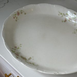May include: Oval, white serving platter with a scalloped edge. Delicate floral sprigs in pink, green, and yellow are arranged around the rim. A classic piece for serving appetizers or desserts.
