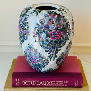 Vintage Hand-Painted Macau Porcelain Floral Vase - Chinoiserie Style, Pink and Blue Peonies, Large Bulbous Centerpiece